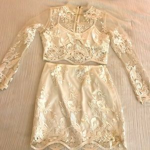 White lace, 2 piece set- cropped long sleeve and skirt